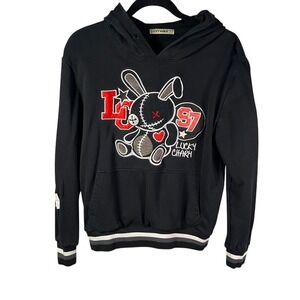 Vintage Lucky Charm Bunny Hoodie Black Varsity Patch‎ Graphic S Y2K Style